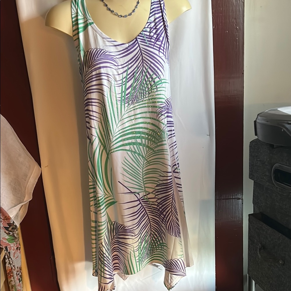 Shoreline Asymmetrical Dress with Green and Purple Leaf Print